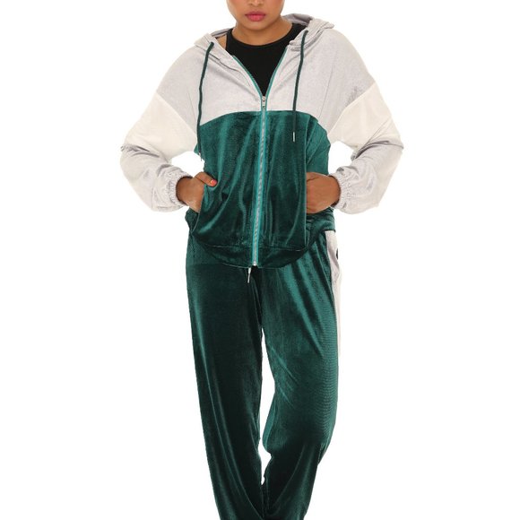 Color Block Pocket Velvet Hoodie & Drawstring Joggers - Picture 1 of 5